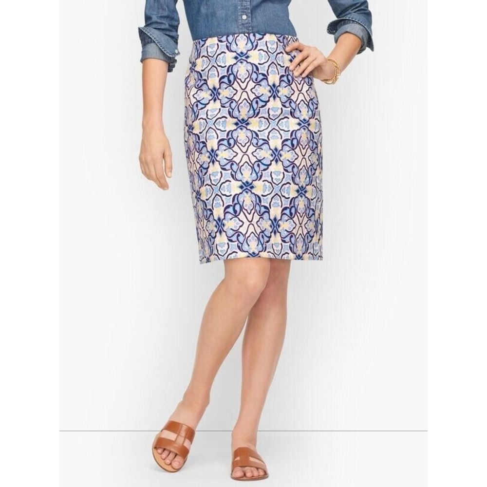TALBOTS Skirt 4P Roxbury Medallion Canvas A-Line Side Zip Cotton Blend Blue NWOT
